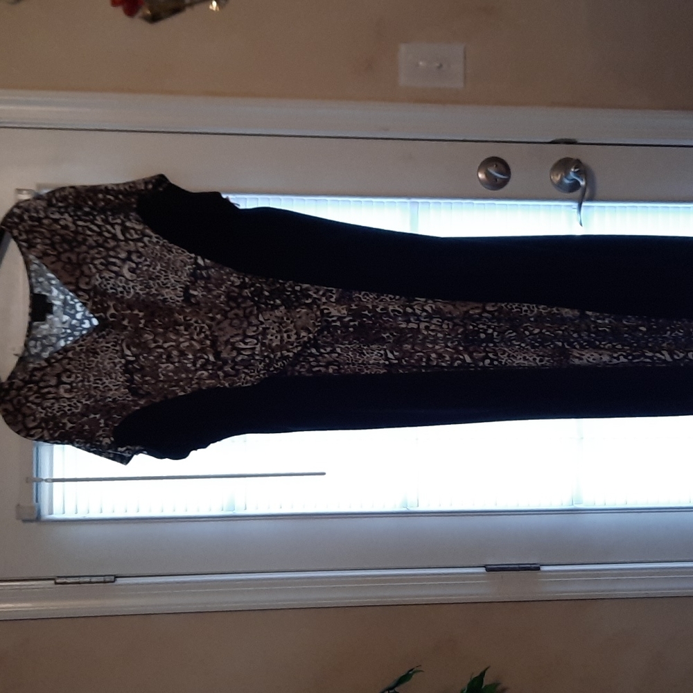 Black dress with animal print running down center, both front and back